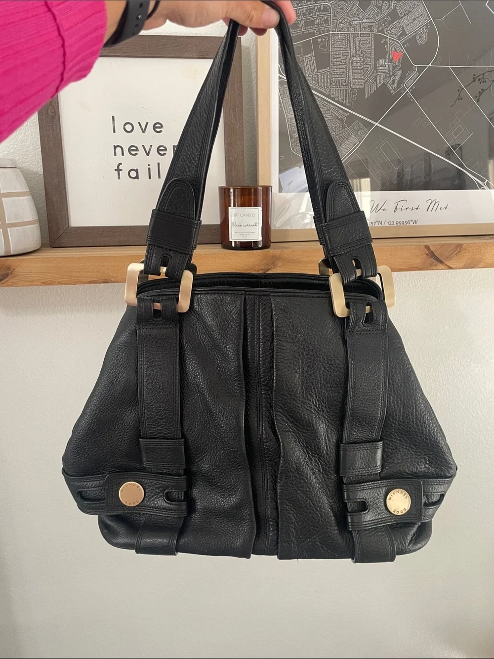 Michael Kors Harness Handbag Black Pebbled Leather Gold Hardwear